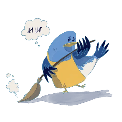 Blue sweeping with a broom, a thought bubble tallying the days